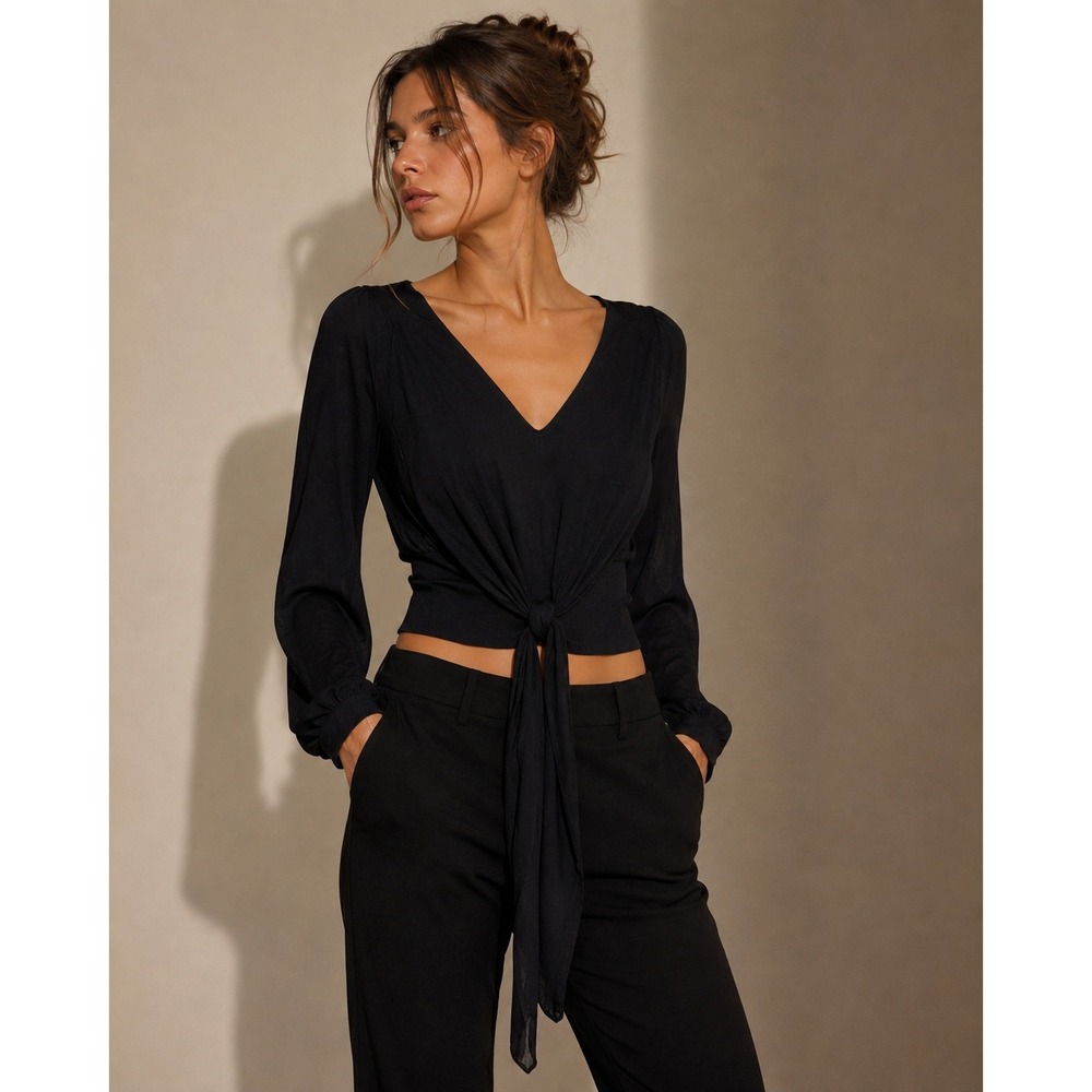 Muche Muchette Tie Front Top OS Black 90s Vintage V-Neck Long Sleeve Whimsigoth
